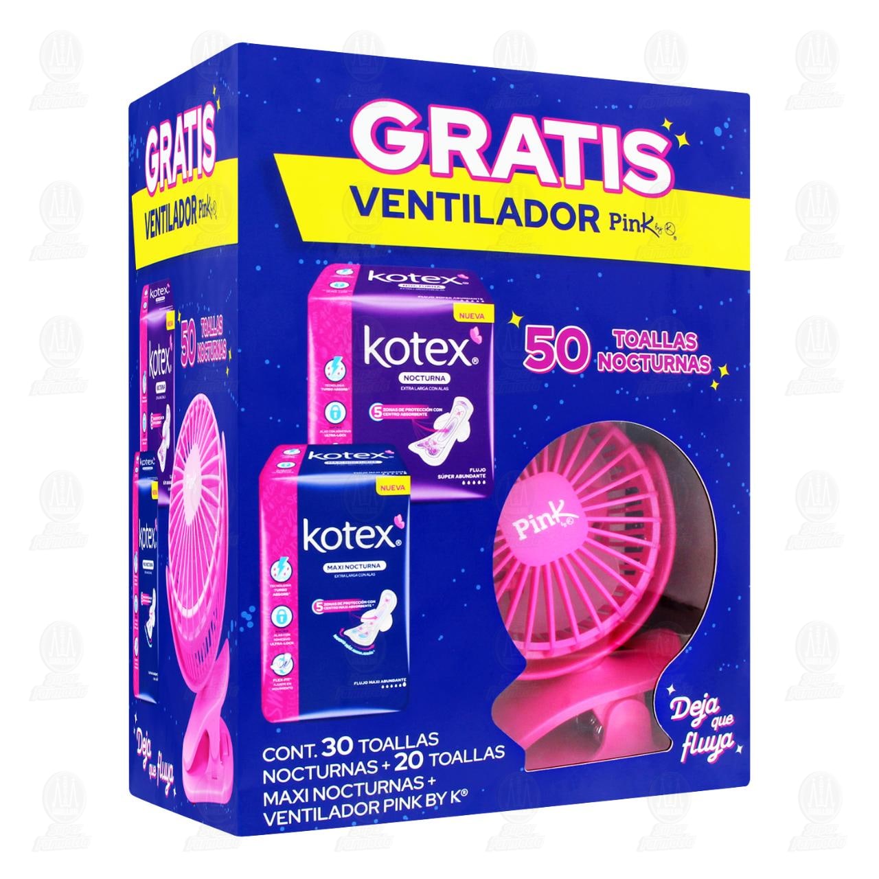 Imagen para Pack Kotex Nocturna Extra Larga 30 pzas + Maxi Nocturna Extra Larga 20 pzas + Gratis Ventilador Pink By K, 3 pzas.