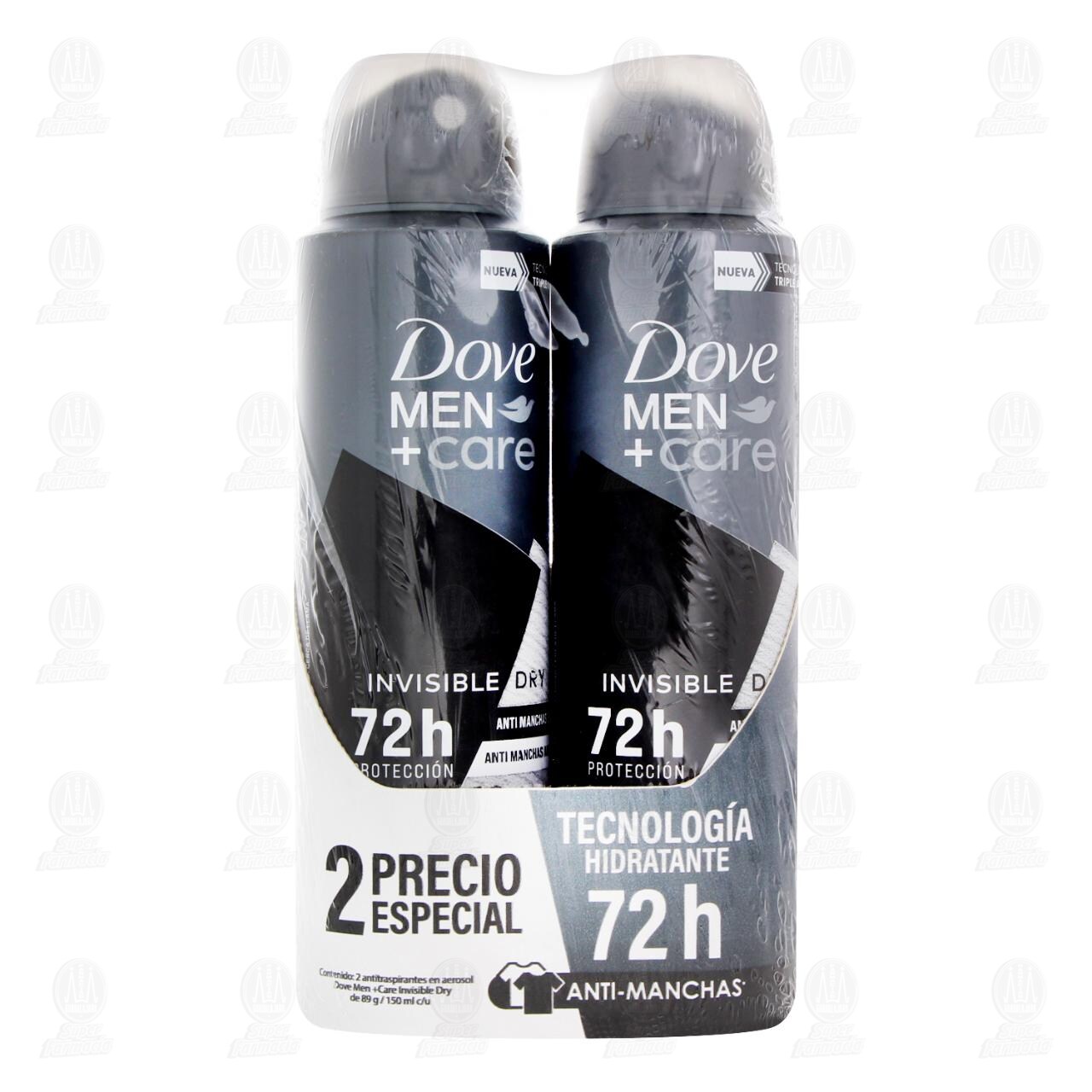 Pack Antitranspirante Dove Men +Care Invisible Dry en Aerosol, 2 pzas de 150 ml c/u. image number 1