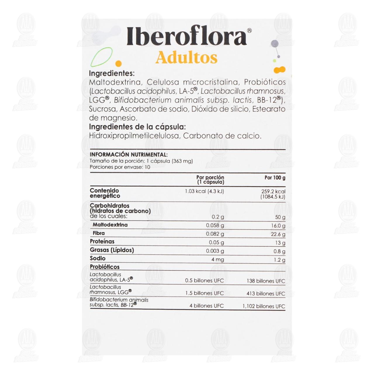 Iberoflora Adultos Suplemento Alimenticio 6 Billones UFC 363 mg, 10 C&aacute;psulas. image number 2