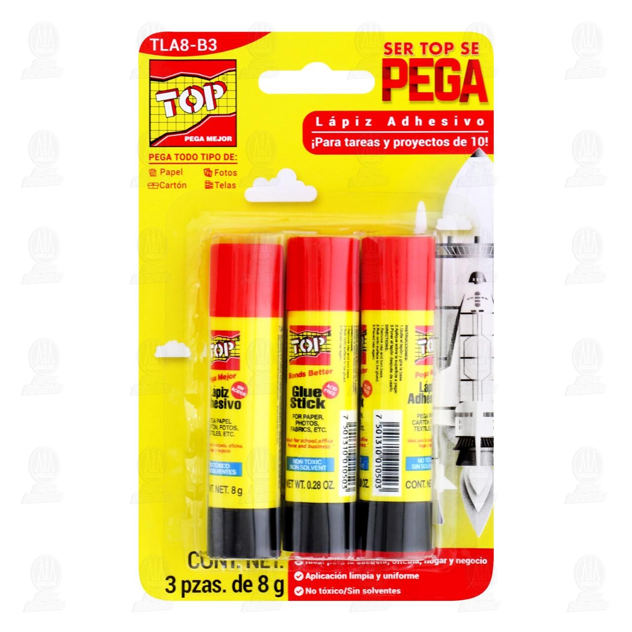 Lápiz adhesivo Top en Barra, 3 pzas de 8 gr c/u.
