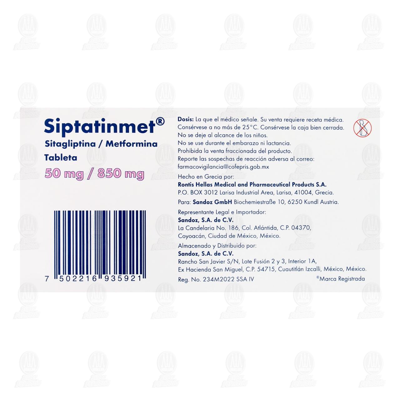 Siptatinmet 50mg/850mg, 56 Tabletas. image number 2
