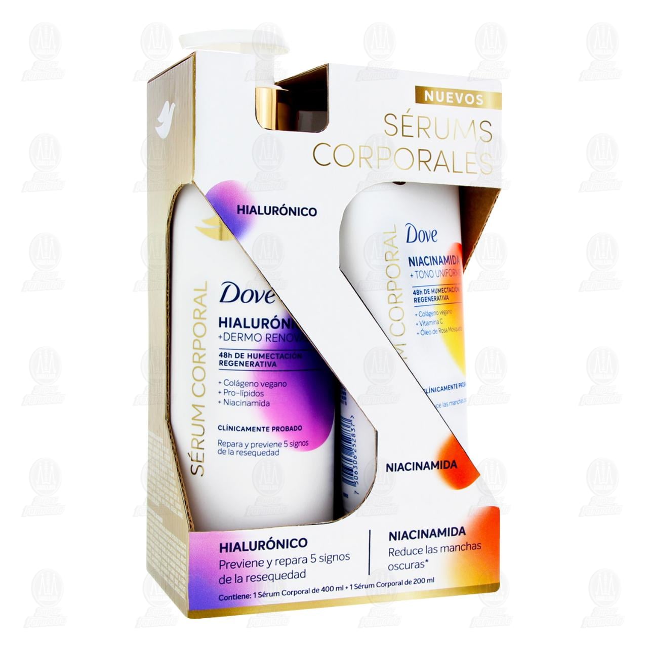 Pack S&eacute;rums Corporales Dove Hialur&oacute;nico de 400 ml + Niacinamida de 200 ml, 2 pzas.