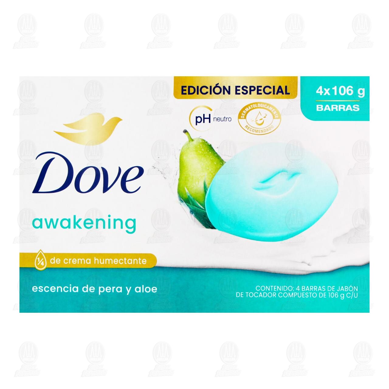 Pack de Jab&oacute;n Dove Awakening Escencia de Pera y Aloe, 4 pzas de 106 gr c/u. image number 1