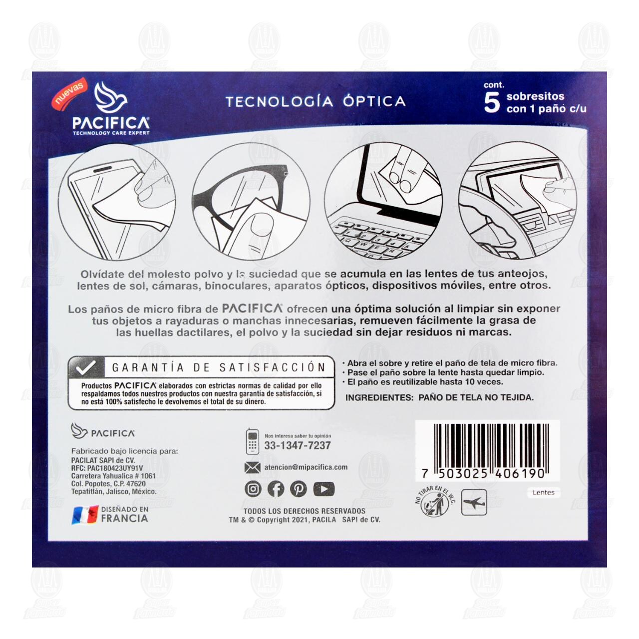 Pa&ntilde;os Limpiadores Pacifica Technology Care Expert para Lentes, 5 Sobres con 1 Pa&ntilde;o c/u. image number 2