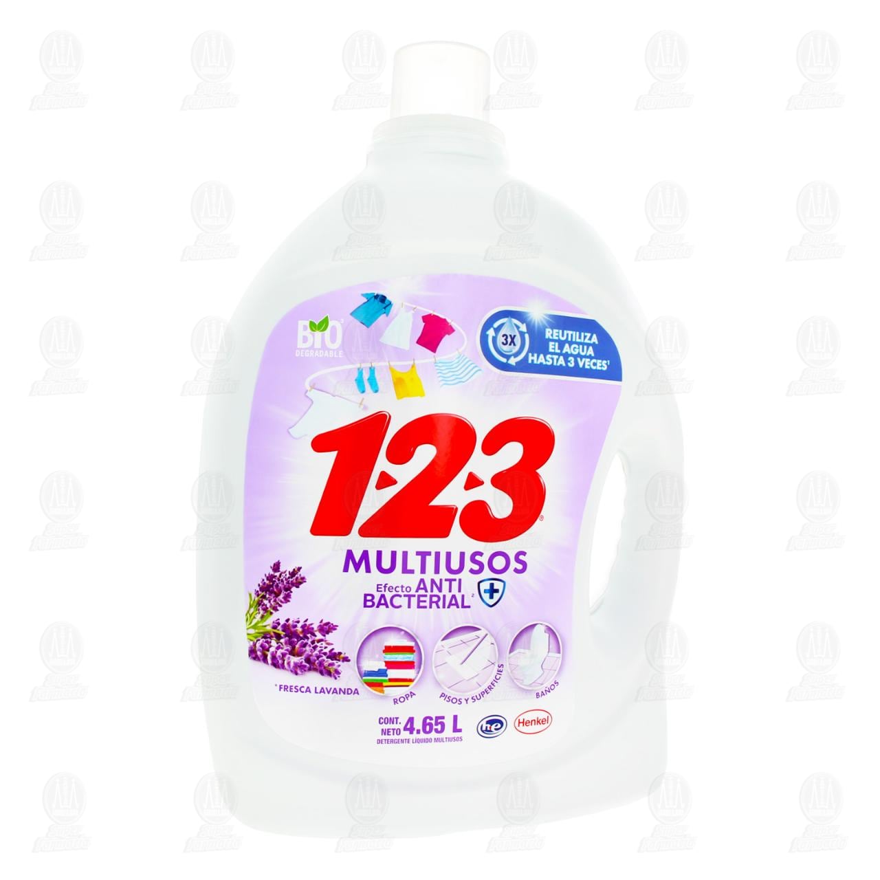 Detergente L&iacute;quido 123 Multiusos Efecto Antibacterial Fresca Lavanda, 4.65 l.