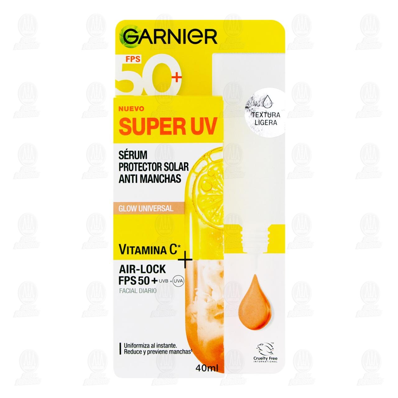 S&eacute;rum Protector Solar Garnier Super UV FPS 50+ Anti Manchas Glow Universal, 40 ml. image number 1