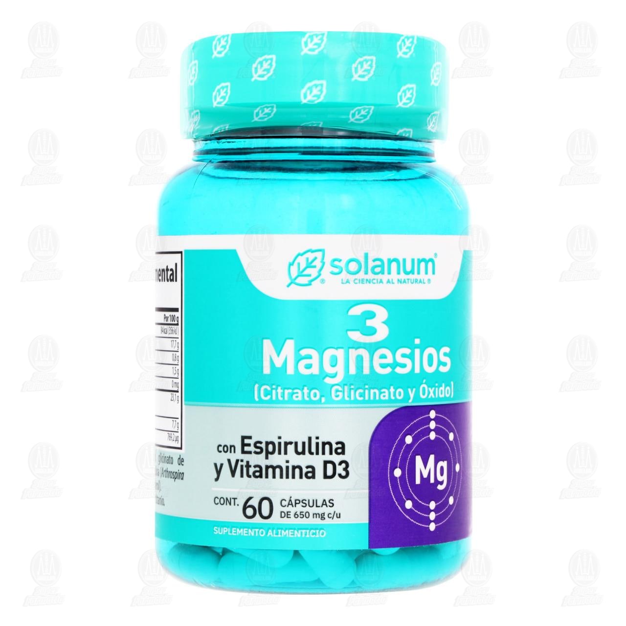 3 Magnesios Solanum con Espirulina y Vitamina D3, 60 C&aacute;psulas de 650 mg c/u.