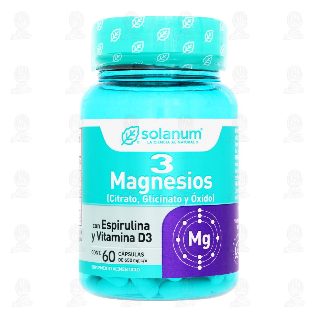 3 Magnesios Solanum con Espirulina y Vitamina D3, 60 C&aacute;psulas de 650 mg c/u. image number 1