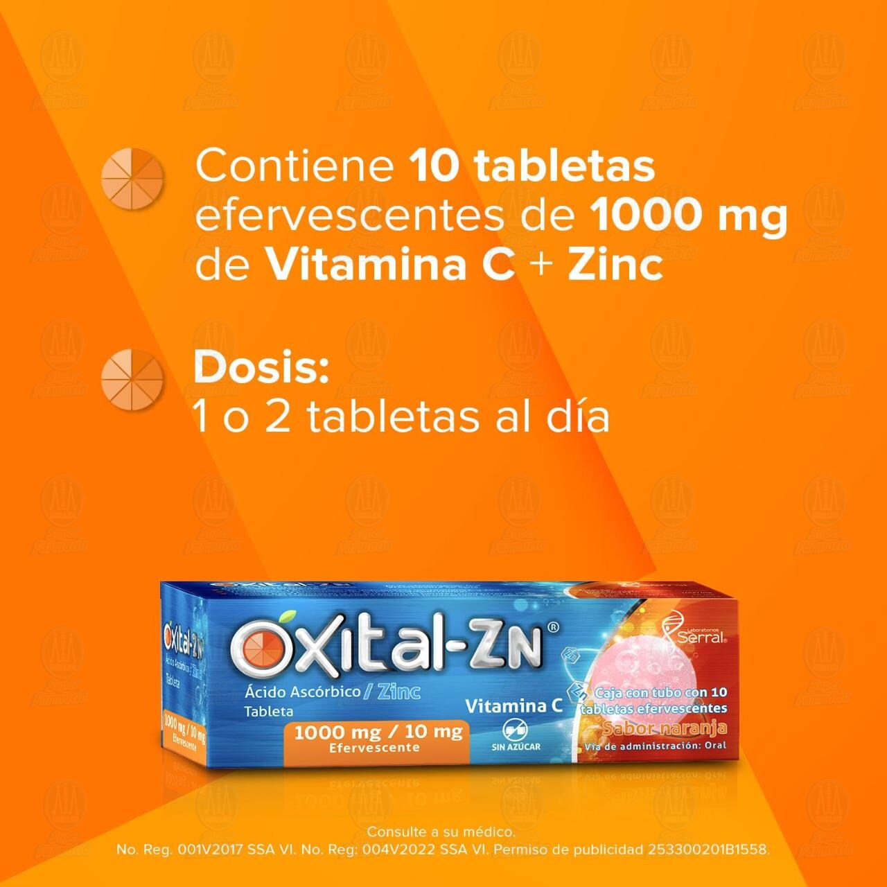 &Oacute;xital-ZN Sabor Naranja 1000mg/10 mg, 10 Tabletas Efervecentes. image number 3