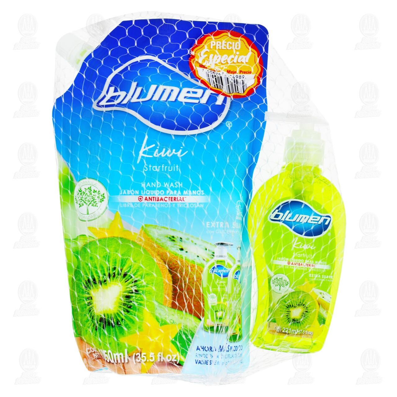 Pack Jabón Líquido Blumen Kiwi Starfruit Para Manos de 1050 ml + 221 ml, 2 pzas.