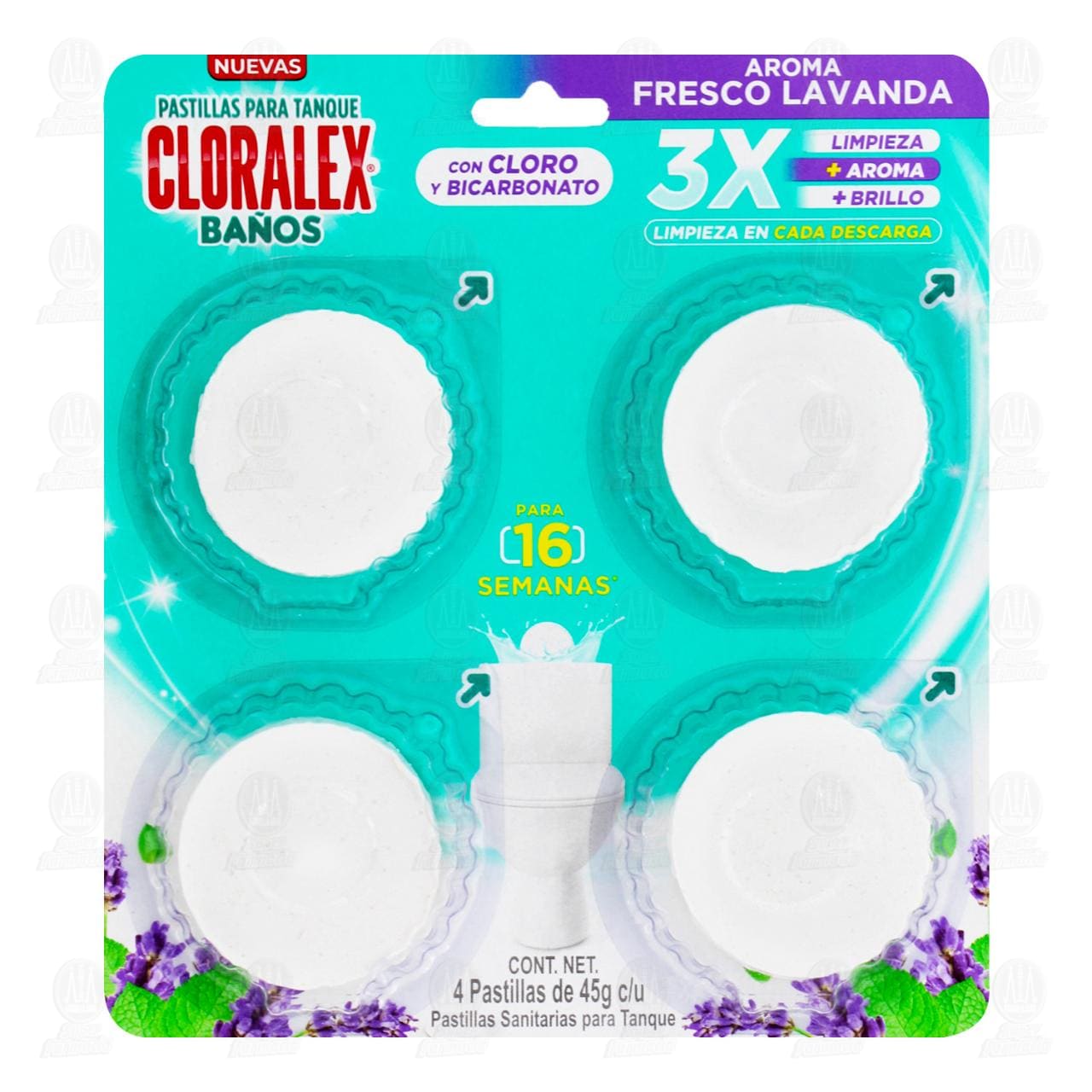 Imagen para Pastillas Cloralex para Tanque de Baños Aroma Fresco Lavanda con Cloro y Bicarbonato, 4 pastillas de 45 gr c/u.