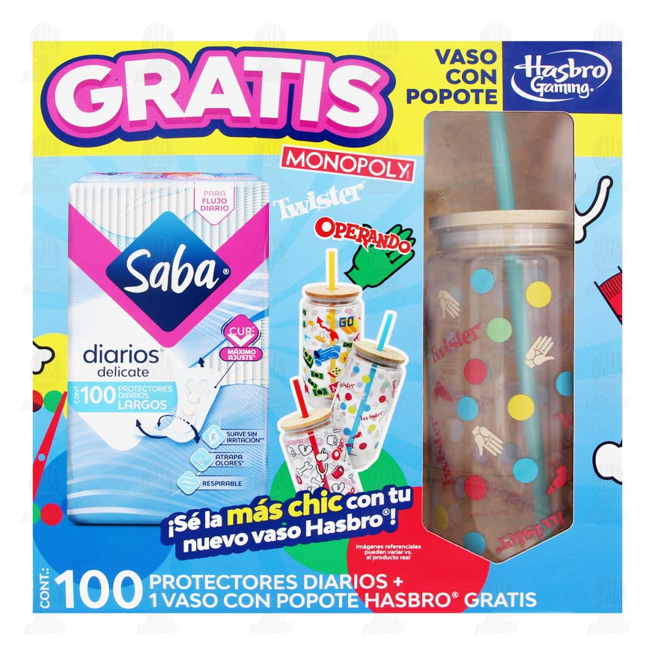 Pack Saba Protectores Diarios Delicate Largos + Gratis 1 Vaso con Popote Hasbro, 2 pzas. image number 1