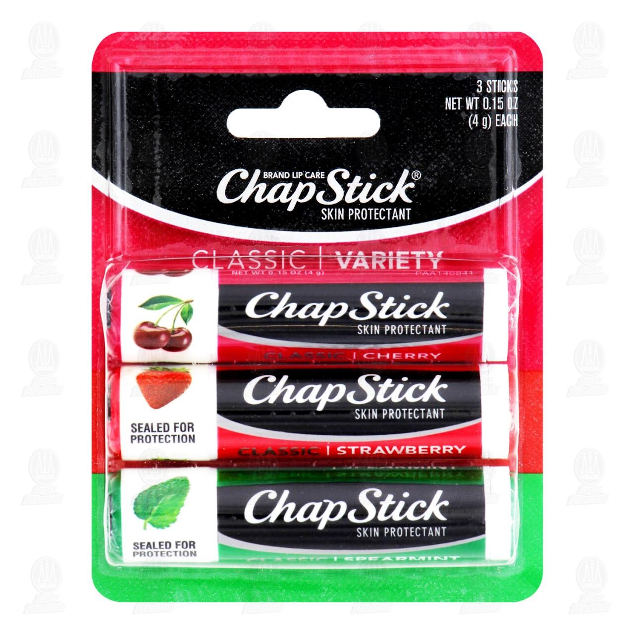 Pack B&aacute;lsamo Labial Chap Stick Classic Spearmint + Classic Strawberry + Classic Cherry, 3 pzas.