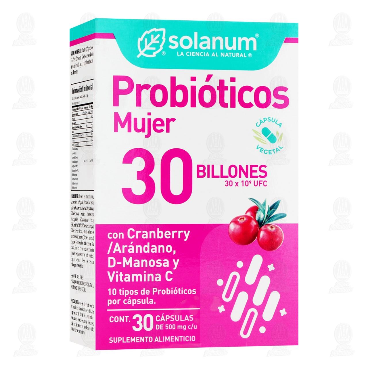 Probi&oacute;ticos Mujer Solanum 30 Billones, 30 C&aacute;psulas de 500 mg c/u.