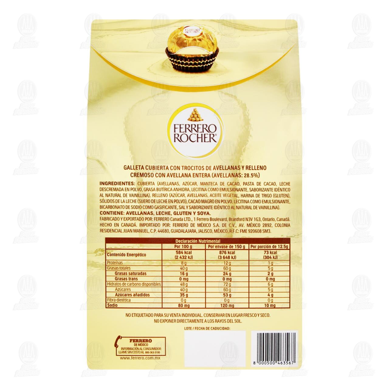 Galleta Cubierta con Trocitos de Avellanas y Relleno Cremoso Ferrero Rocher, 12 pzas 150 gr. image number 1