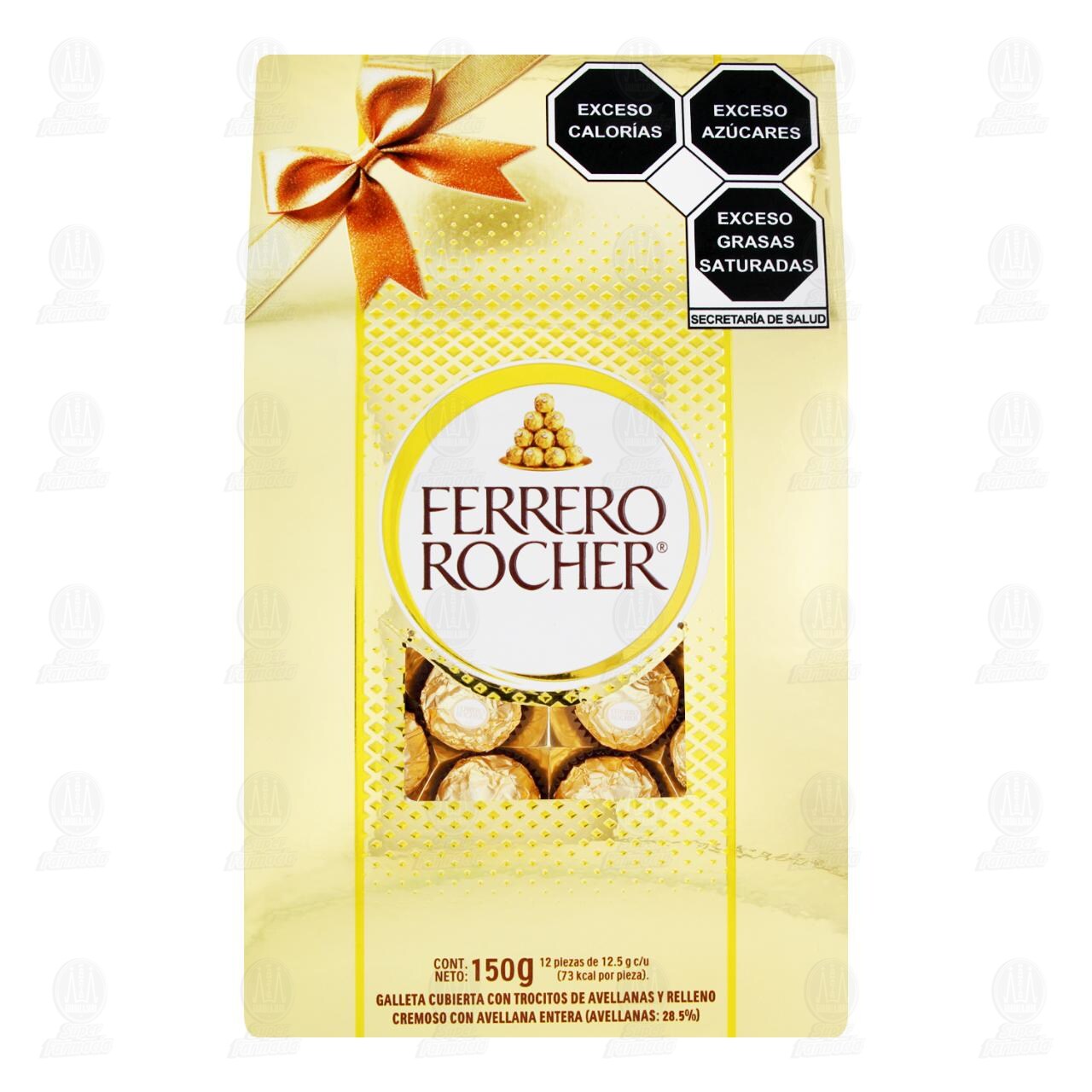 Galleta Cubierta con Trocitos de Avellanas y Relleno Cremoso Ferrero Rocher, 12 pzas 150 gr.