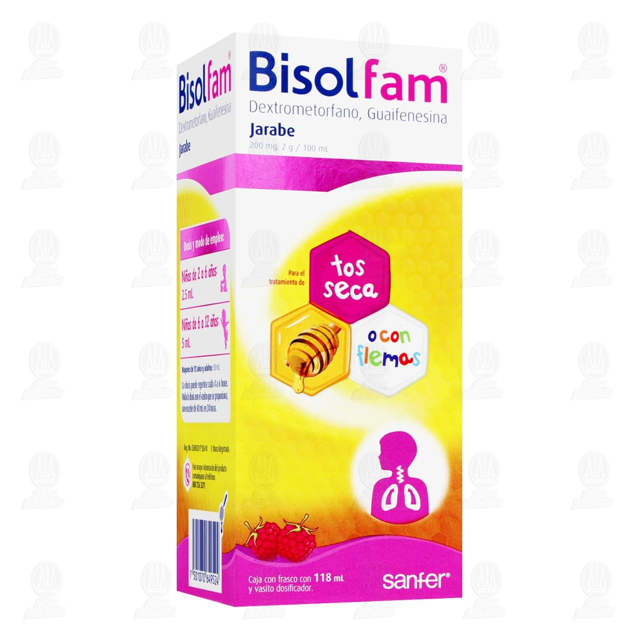 Imagen para Bisolfam Jarabe Infantil 200mg,2gr/100ml Sabor Frambuesa, 118 ml.
