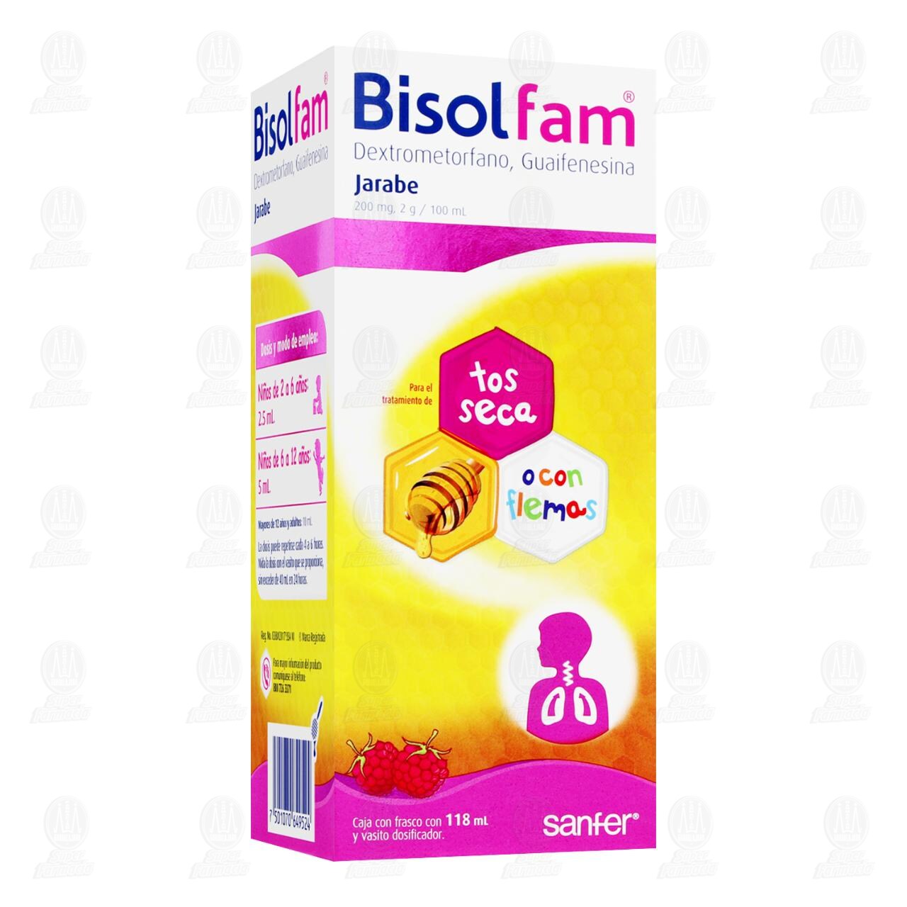 Bisolfam Jarabe Infantil 200mg,2gr/100ml Sabor Frambuesa, 118 ml. image number 0