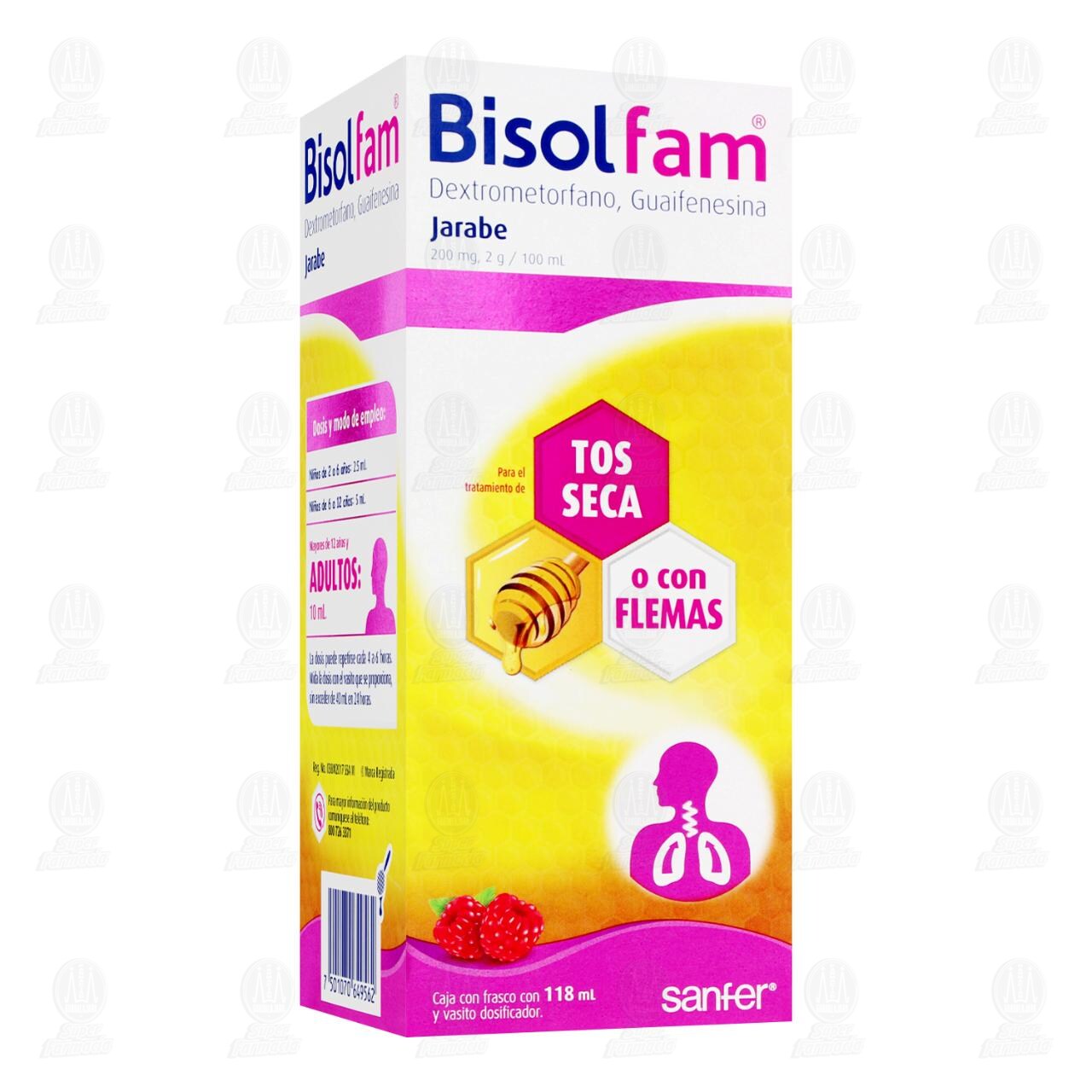 Bisolfam Jarabe Adulto 200mg,2gr/100ml Sabor Frambuesa, 118 ml. image number 0
