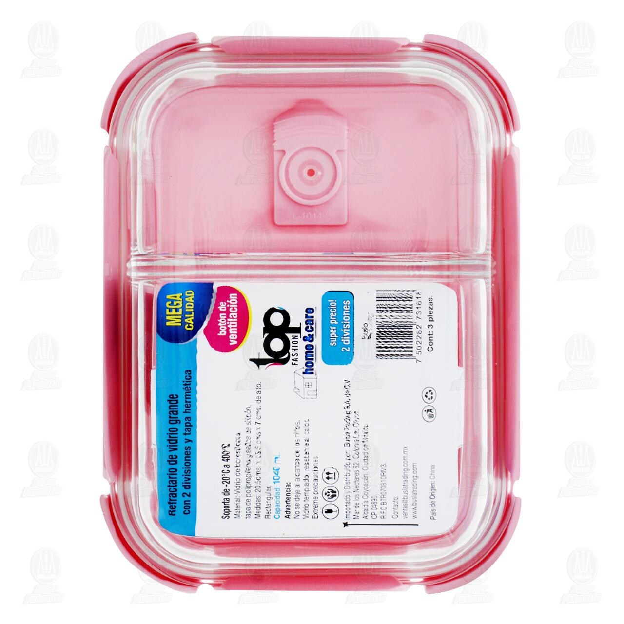 Refractario de Vidrio Top Fashion Home & Care Rectangular con 2 Divisiones y Tapa Herm&eacute;tica, 1 pz. image number 1