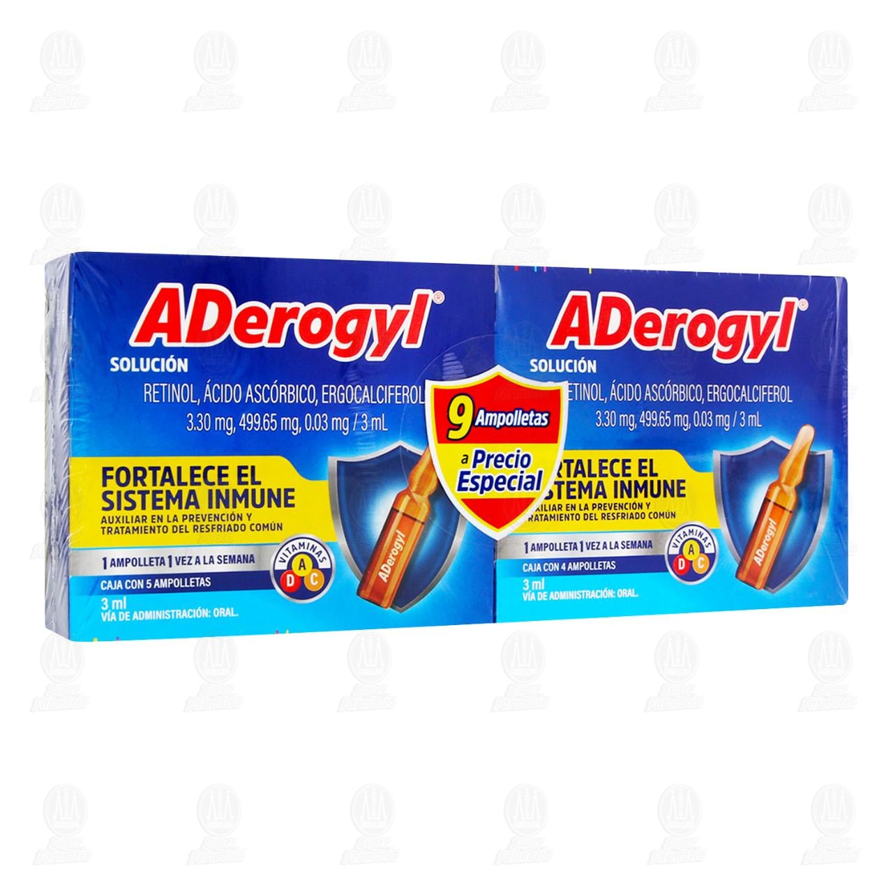 Imagen para Pack Aderogyl con Vitaminas A, C y D Fortalece el Sistema Inmune, 9 ampolletas con 3 ml c/u.