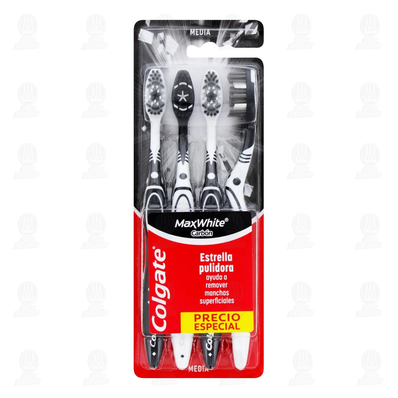 Cepillo Dental Colgate Max White Carb&oacute;n Medio, 4 pzas.