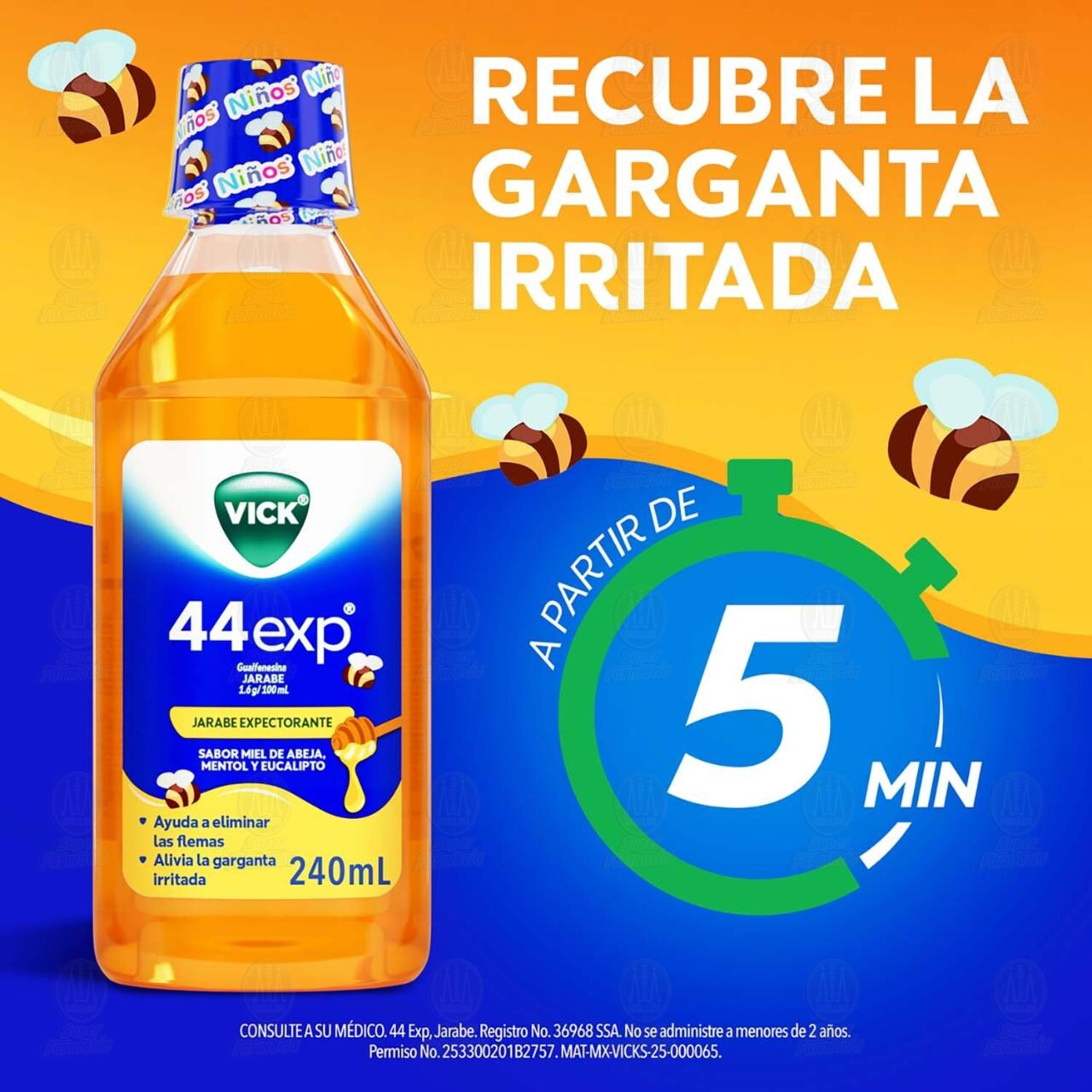 Vick 44 Exp Jarabe Expectorante Sabor Miel de Abeja, Mentol y Eucalipto, 240 ml. image number 3