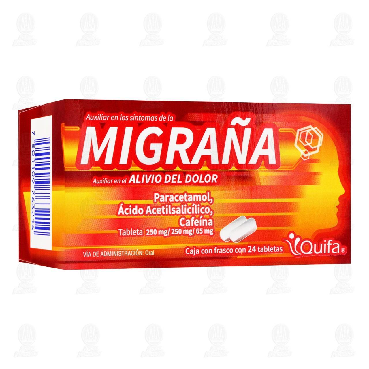 Paracetamol, &Aacute;cido &Aacute;cetilsalic&iacute;lico, Cafe&iacute;na 250mg/250mg/65mg, 24 Tabletas. image number 0