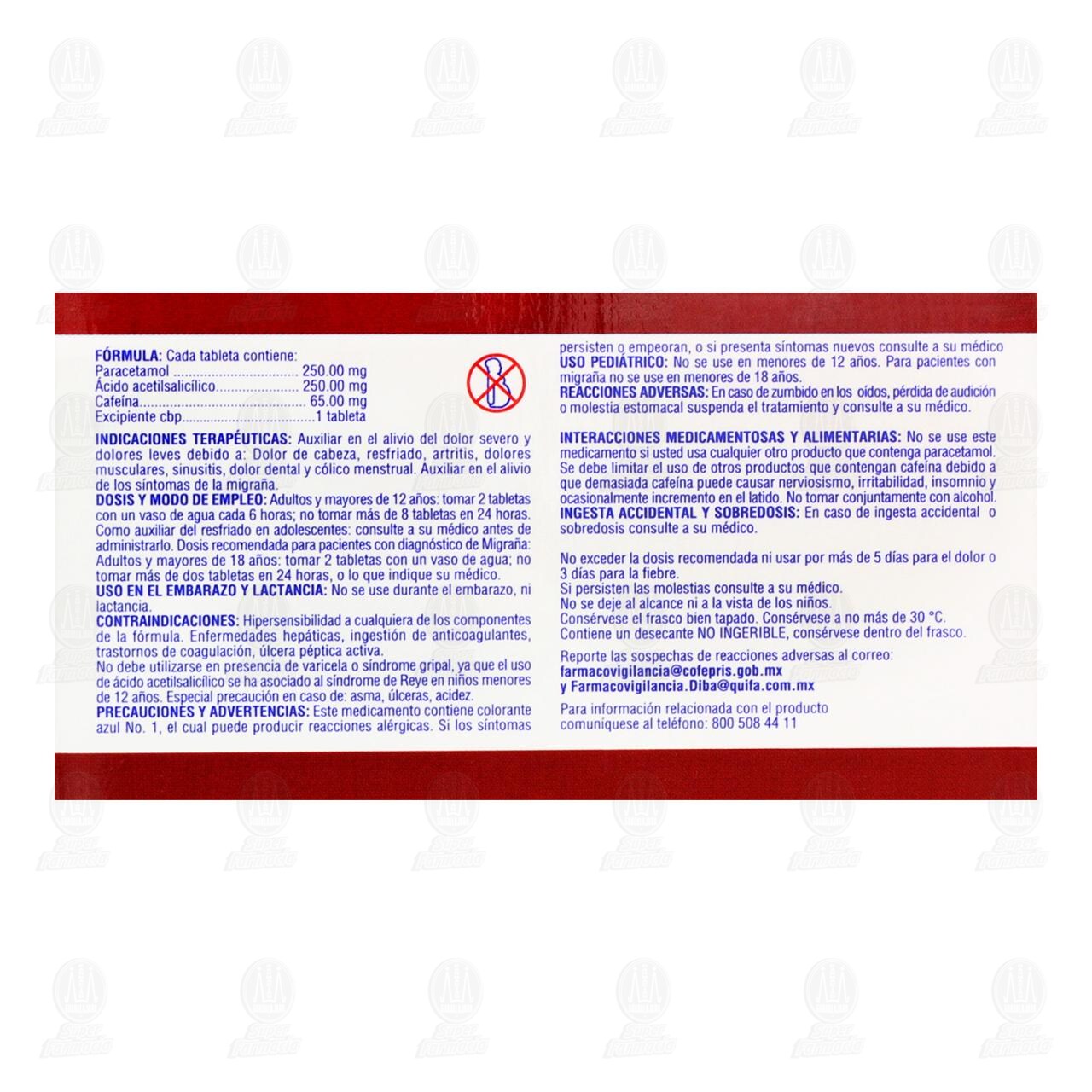 Paracetamol, &Aacute;cido &Aacute;cetilsalic&iacute;lico, Cafe&iacute;na 250mg/250mg/65mg, 24 Tabletas. image number 2