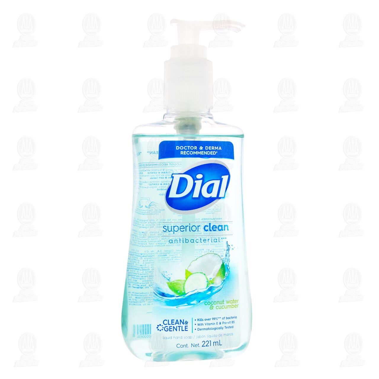 Jab&oacute;n L&iacute;quido Dial Antibacterial para Manos Coconut Water & Cucumber, 221 ml.