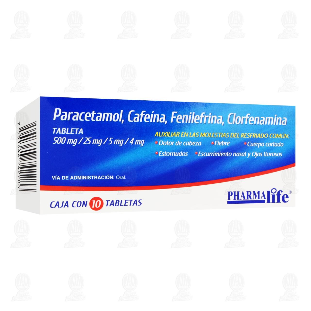 Paracetamol, Cafe&iacute;na, Fenilefrina, Clorfenamina 500mg/25mg/5mg/4mg, 10 Tabletas Pharmalife. image number 0