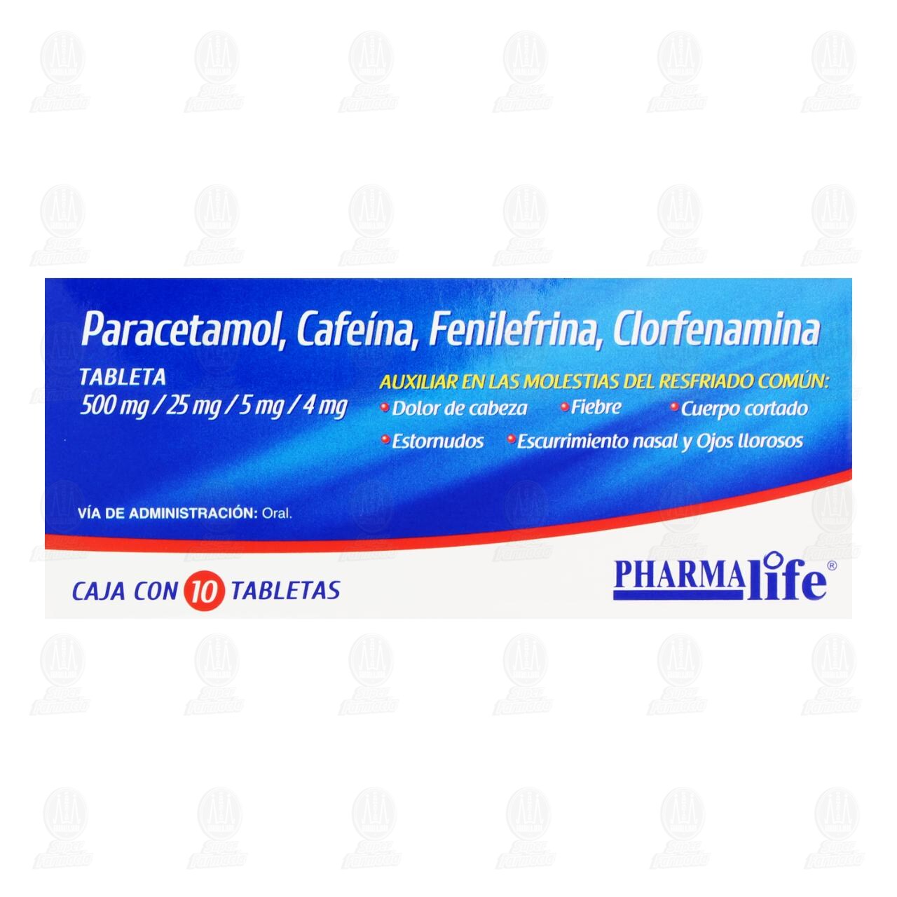 Paracetamol, Cafe&iacute;na, Fenilefrina, Clorfenamina 500mg/25mg/5mg/4mg, 10 Tabletas Pharmalife. image number 1