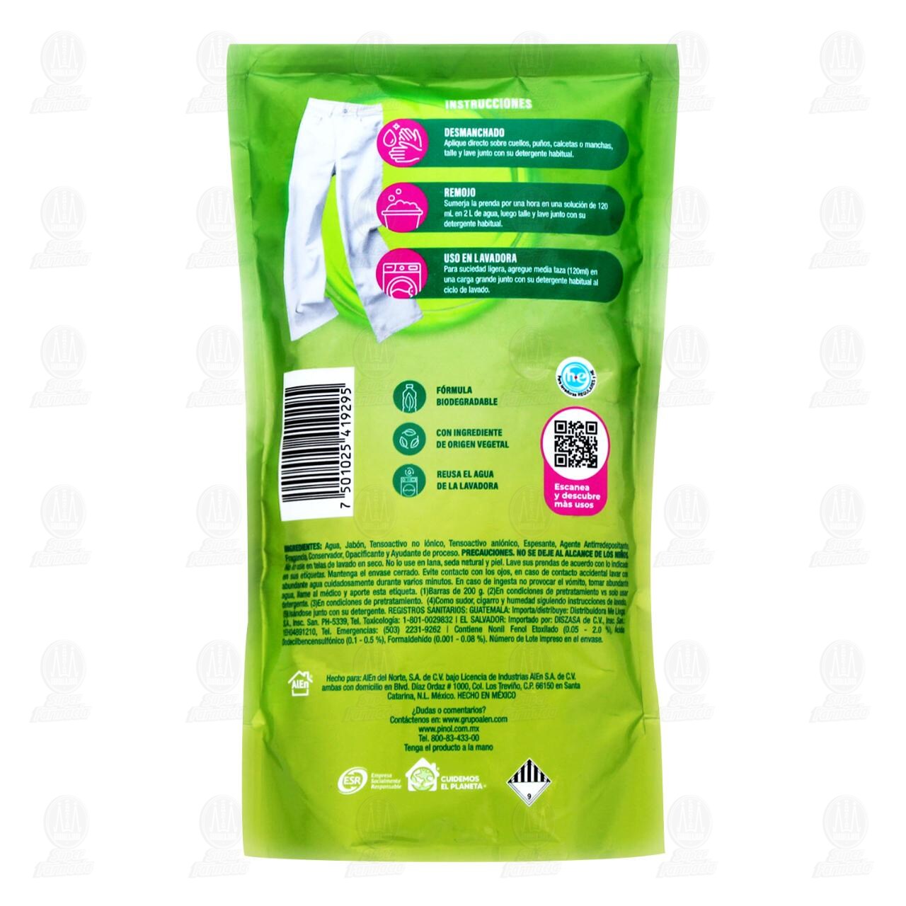 Jab&oacute;n L&iacute;quido Pinol para Ropa Blanca y Color, 450 ml. image number 1