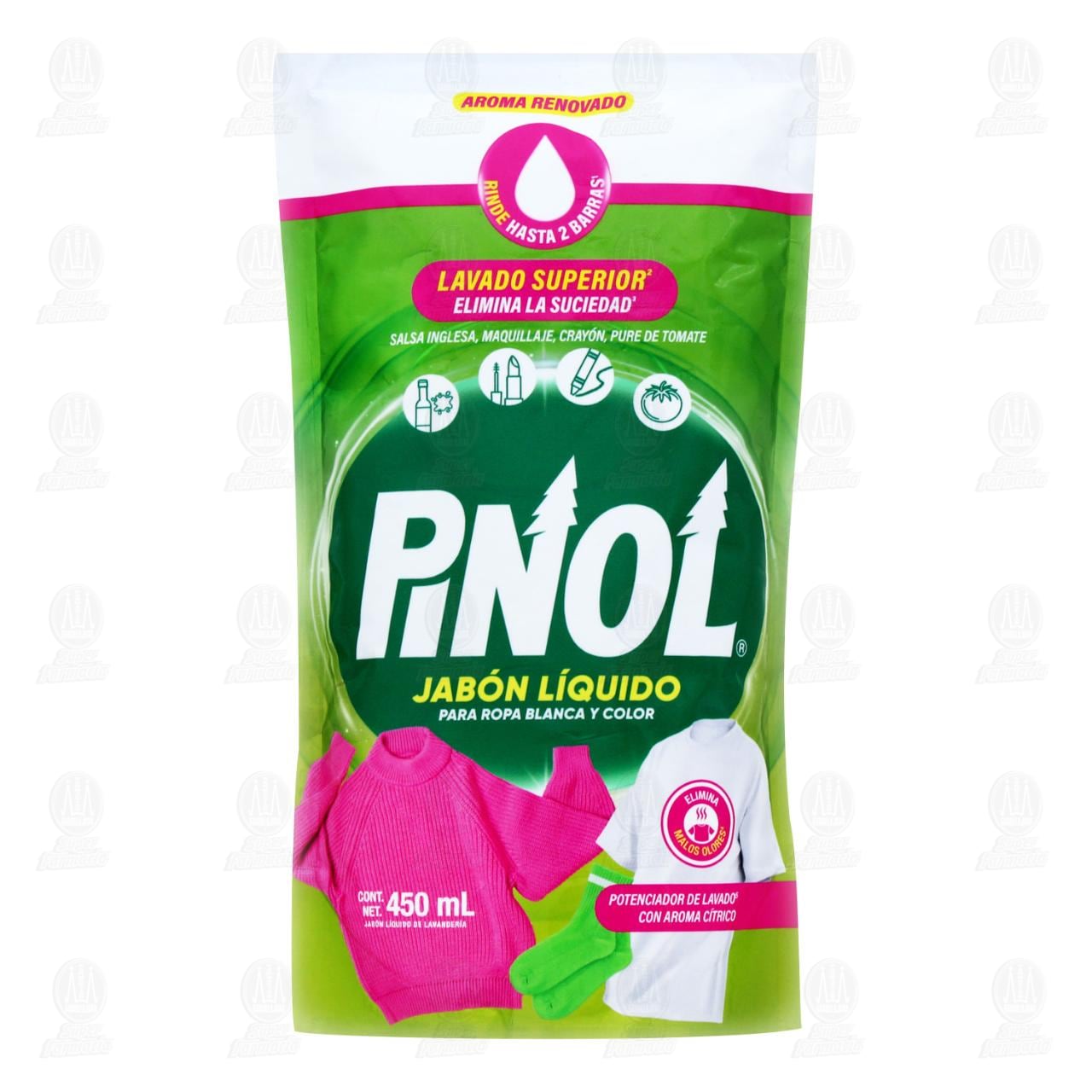 Jab&oacute;n L&iacute;quido Pinol para Ropa Blanca y Color, 450 ml.