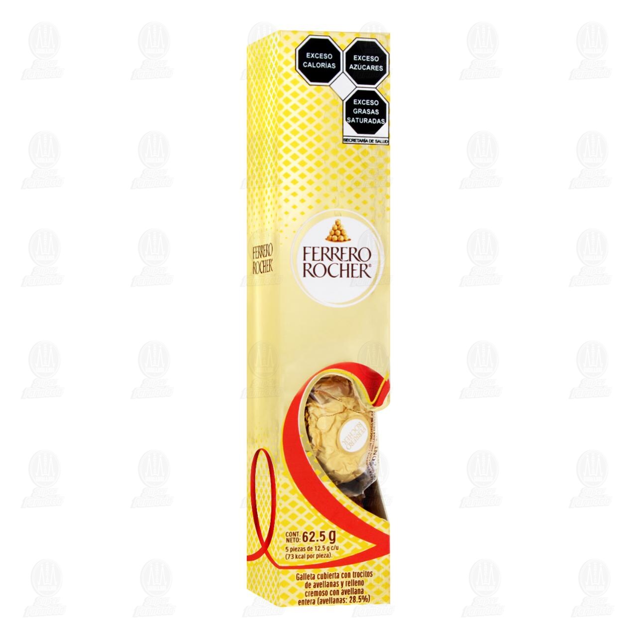 Galleta Cubierta con Trocitos de Avellanas y Relleno Cremoso Ferrero Rocher, 5 pzas 62.5 gr.