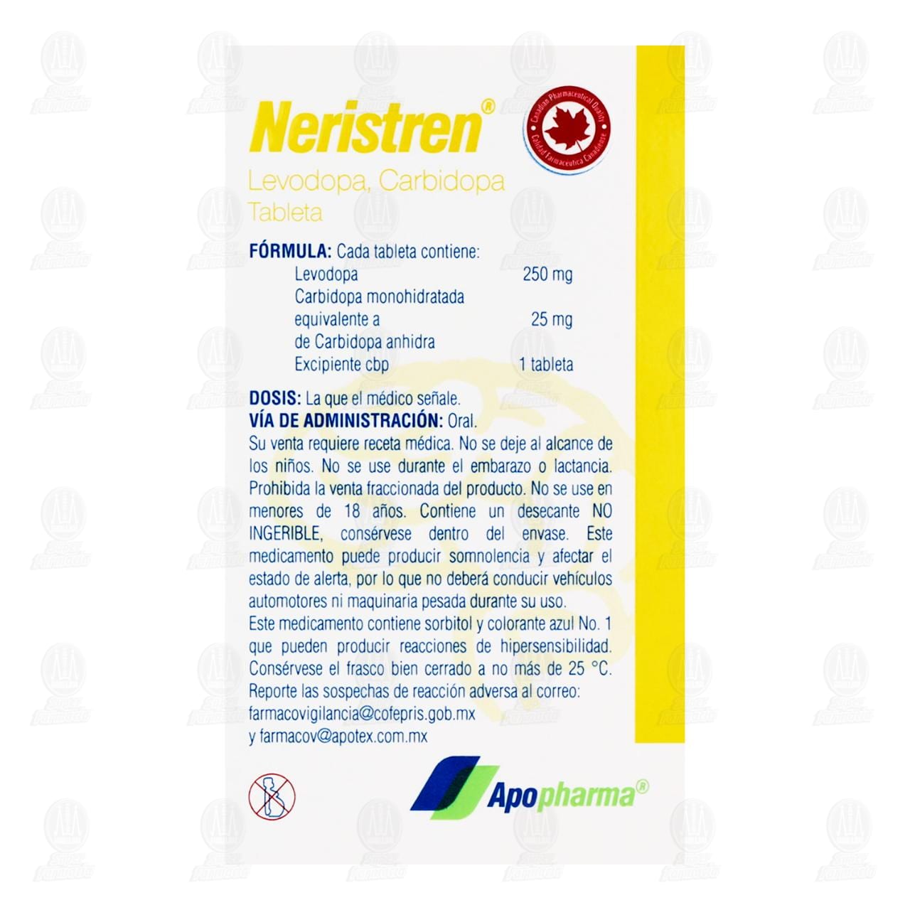 Neristren 250mg/25mg, 100 Tabletas. image number 2