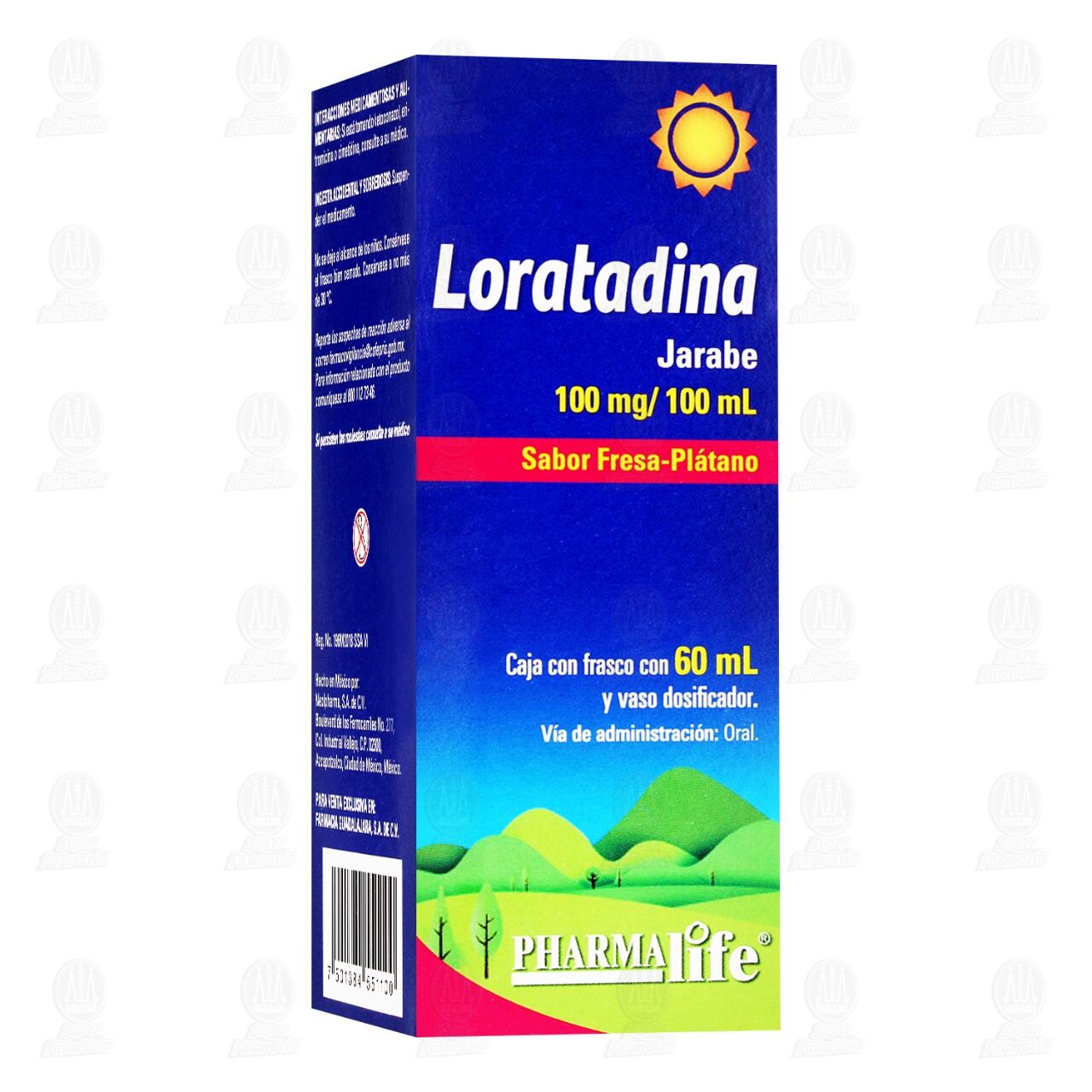 Loratadina Jarabe Sabor Fresa Pl&aacute;tano 100mg/100ml, 60 ml Pharmalife.