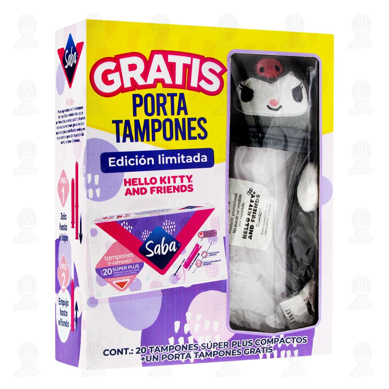 Pack Tampones Saba V-Compact S&uacute;per Plus 20 pzas + Gratis Porta Tampones Hello Kitty, 2 pzas. image number 0