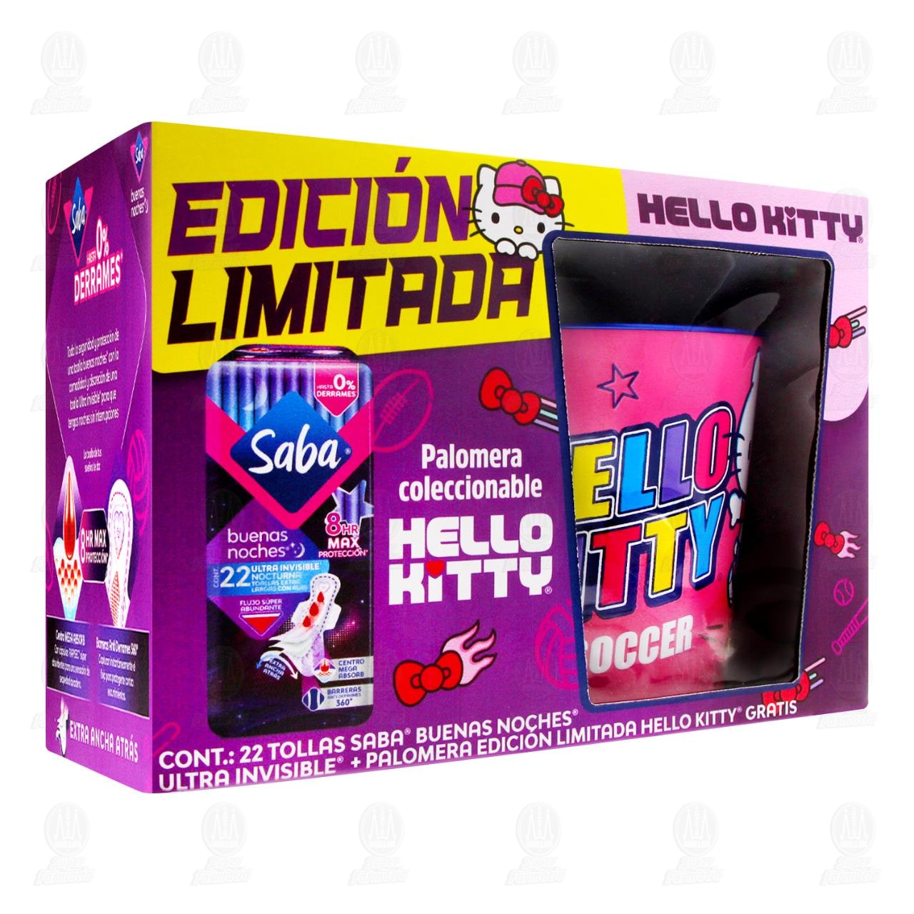 Pack Toallas Femeninas Saba Buenas Noches Ultra Invisible 22 pzas + Palomera Hello Kitty Edici&oacute;n Limitada, 2 pzas.