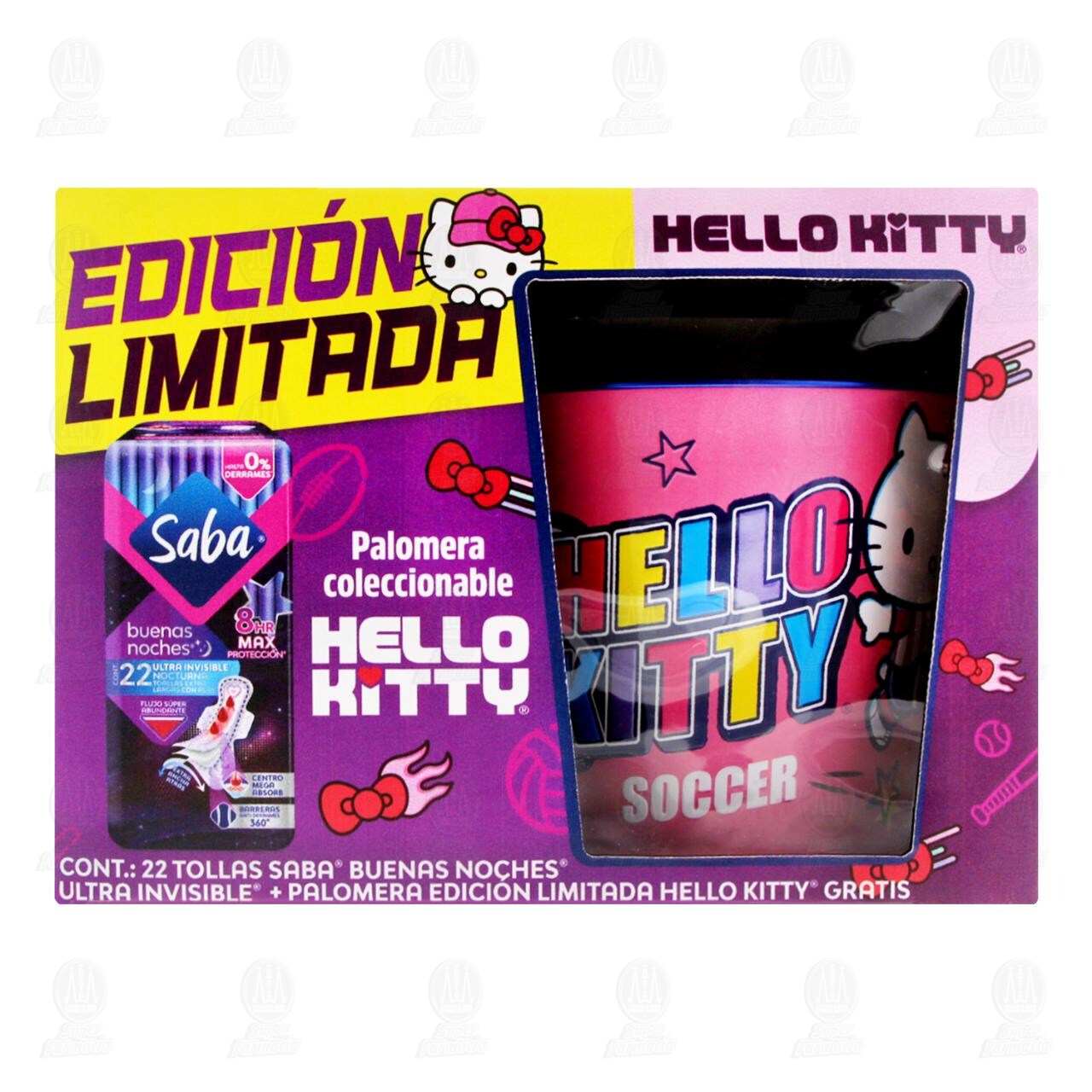 Pack Toallas Femeninas Saba Buenas Noches Ultra Invisible 22 pzas + Palomera Hello Kitty Edici&oacute;n Limitada, 2 pzas. image number 1