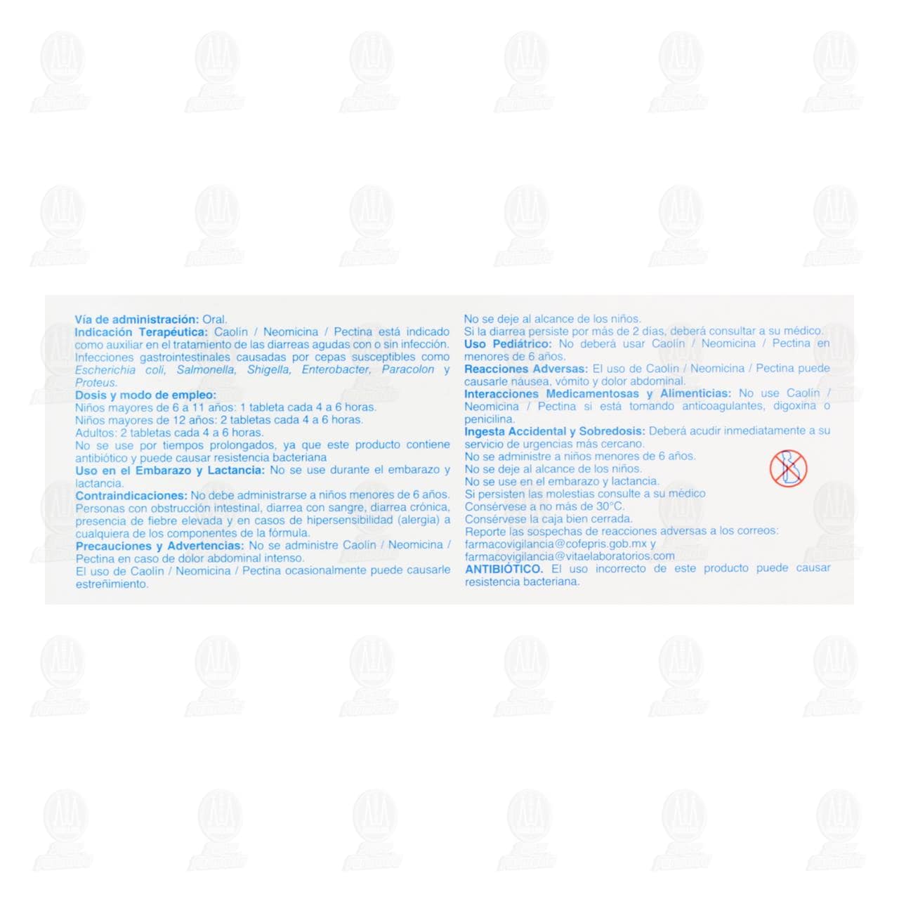 Caol&iacute;n, Neomicina, Pectina 280mg/129mg/30 mg, 10 Tabletas Pharmalife. image number 2