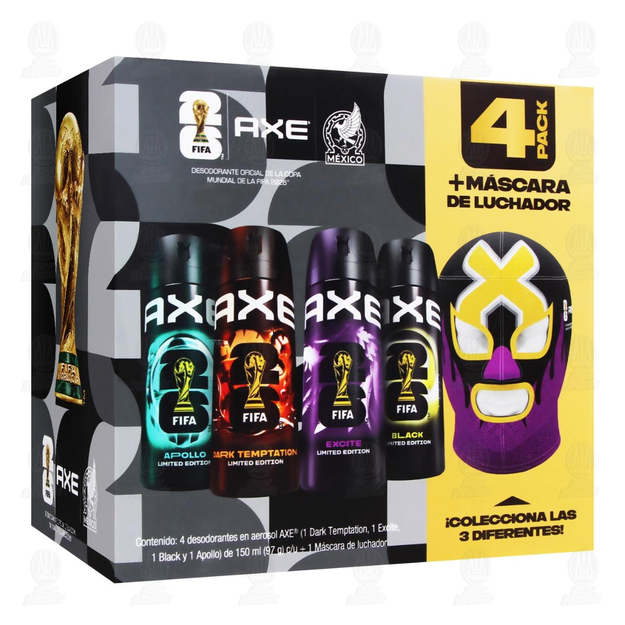 Pack 4 Desodorantes Axe Edici&oacute;n FIFA 150 ml + 1 M&aacute;scara de Luchador, 5 pzas.