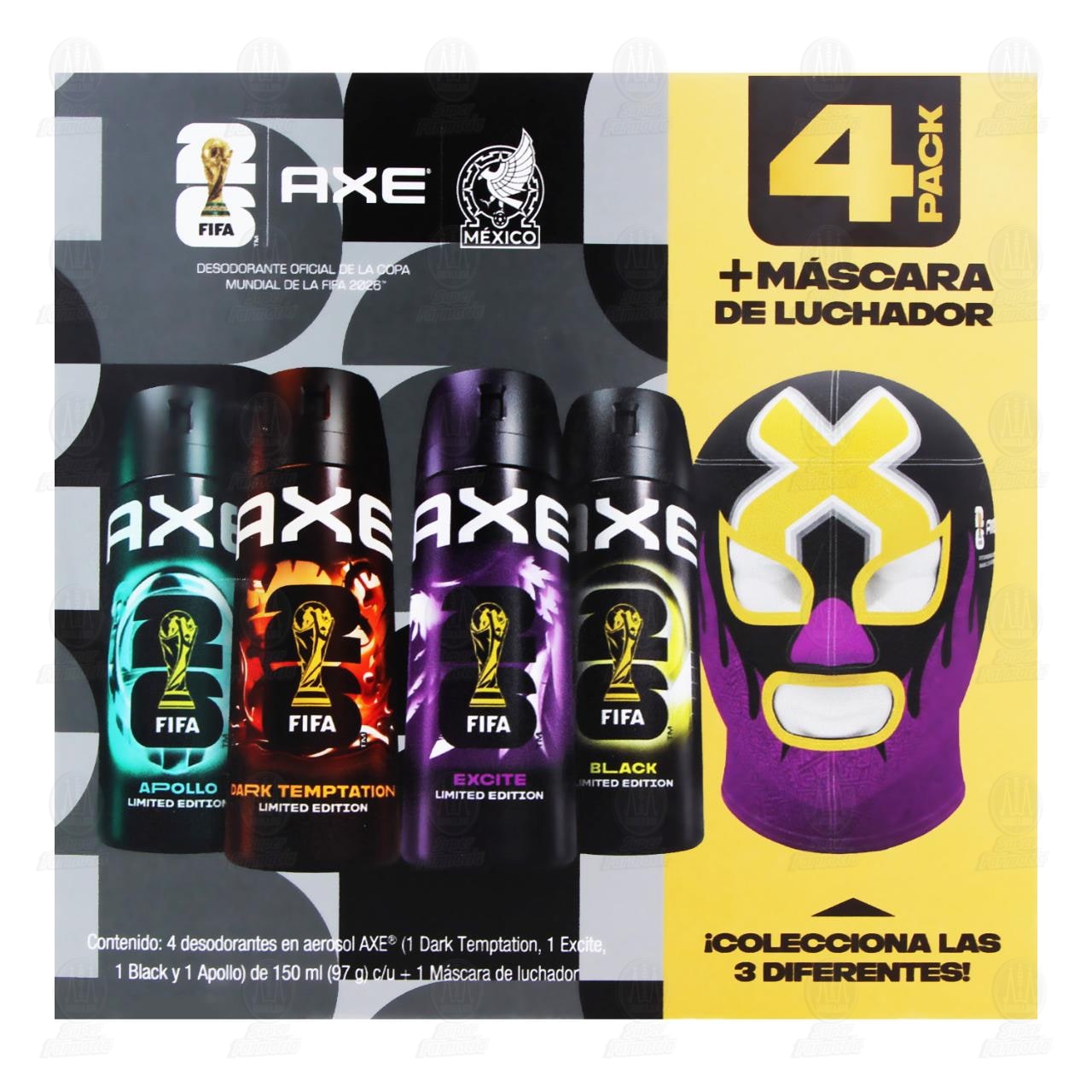 Pack 4 Desodorantes Axe Edici&oacute;n FIFA 150 ml + 1 M&aacute;scara de Luchador, 5 pzas. image number 1