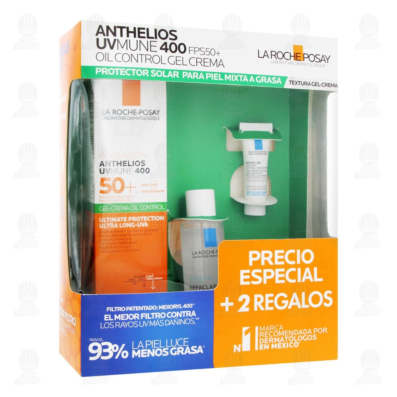 Pack La Roche Posay Anthelios UVMune SPF 50+ 400 Oil Control Gel Crema + 2 Regalos, 3 pzas.