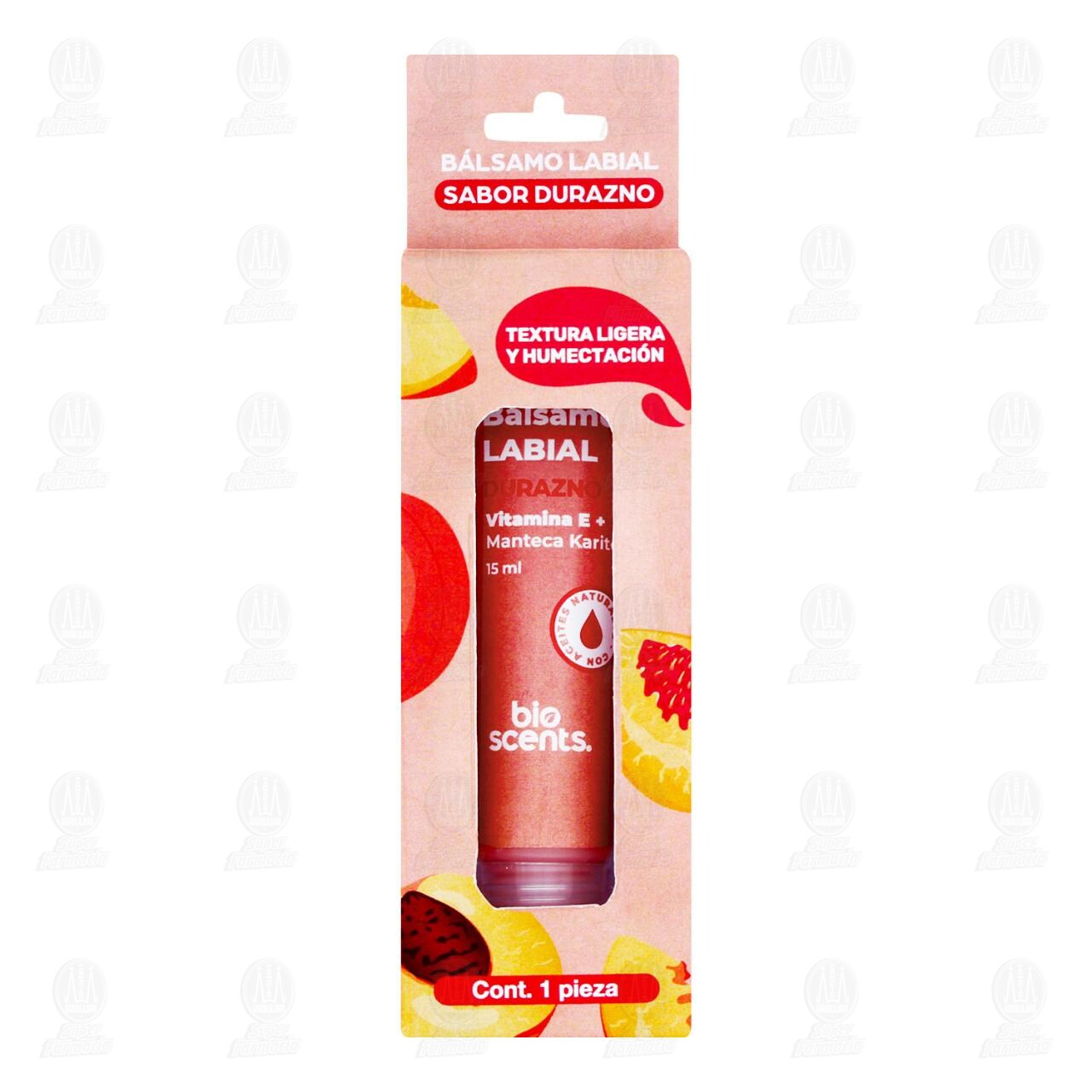 B&aacute;lsamo Labial Bioscents Sabor Durazno, 15 ml. image number 1