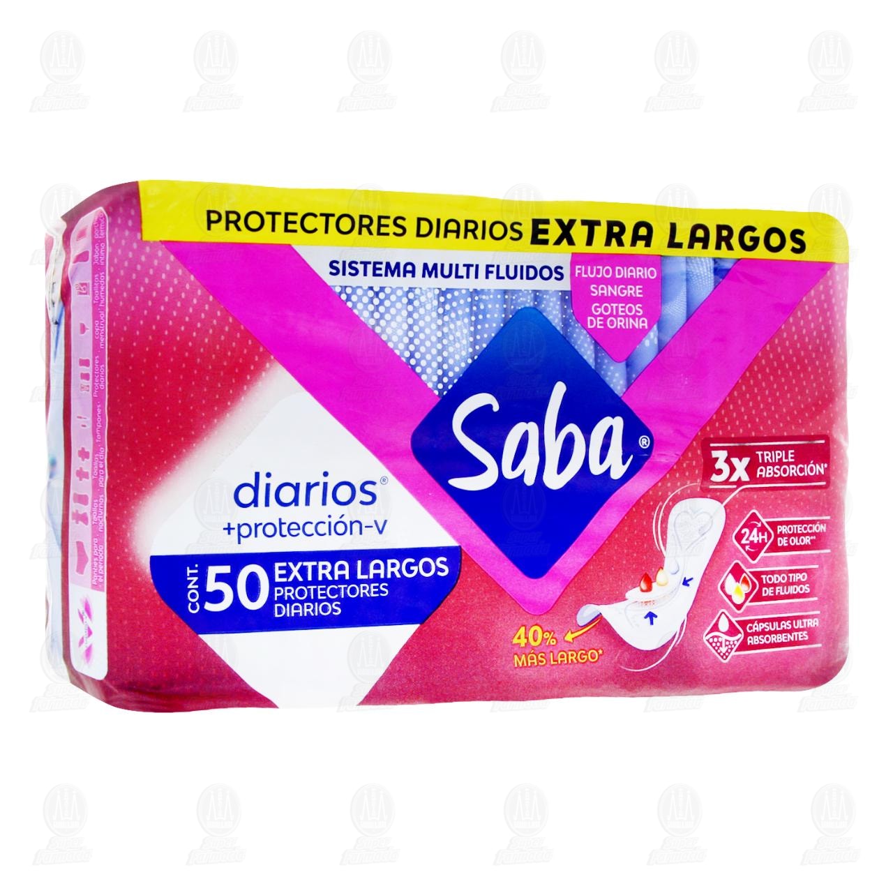 Protectores Diarios Saba +Protecci&oacute;n-V Extra Largos, 50 pzas.