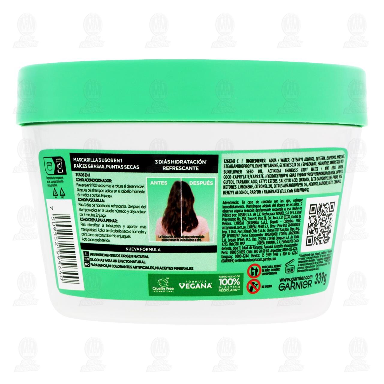 Mascarilla para el Cabello Garnier Fructis 3 en 1 Hair Food Kiwi Mentol, 350 ml. image number 2