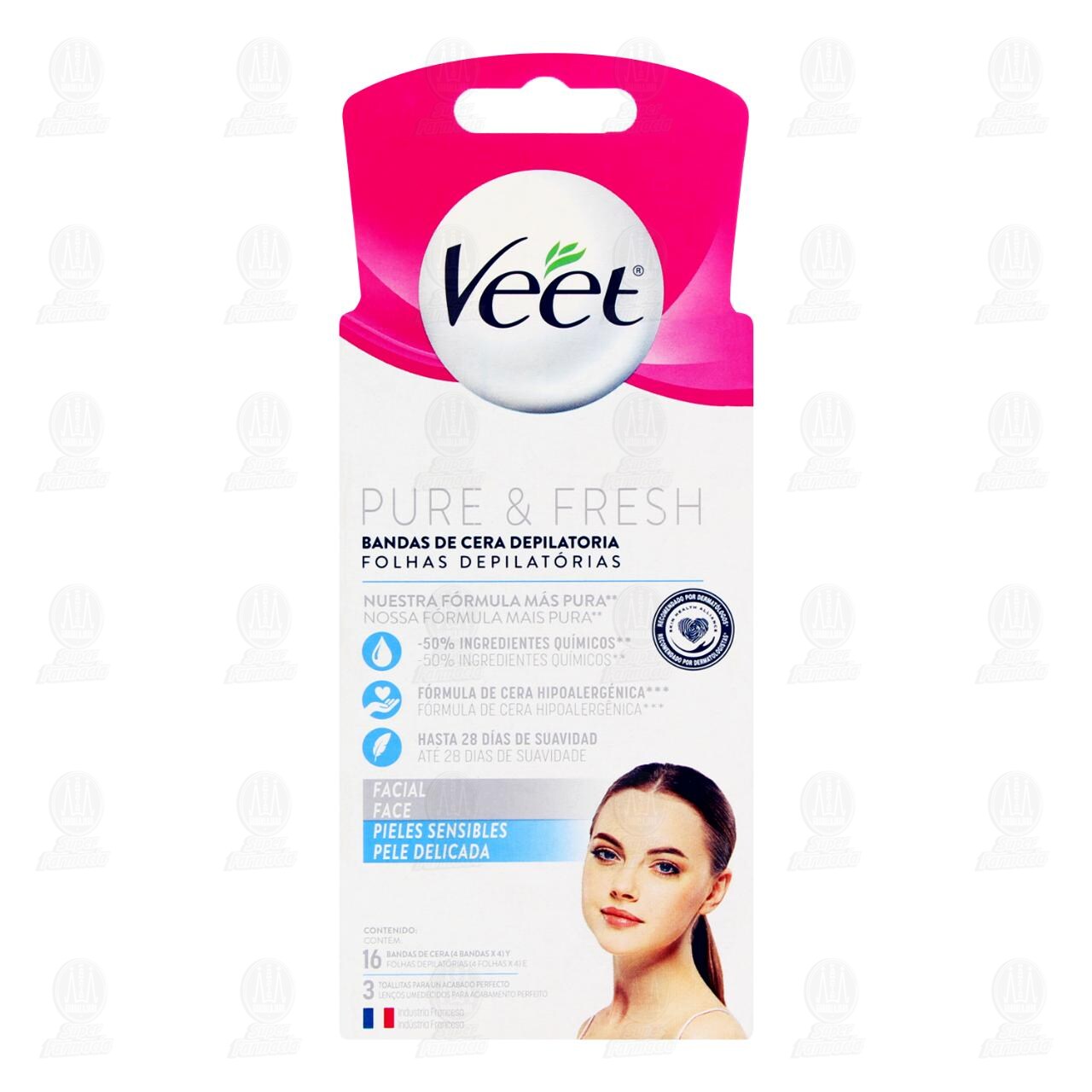 Bandas de Cera Depilatoria Veet Pure & Fresh, 16 pzas + 3 Toallitas. image number 1