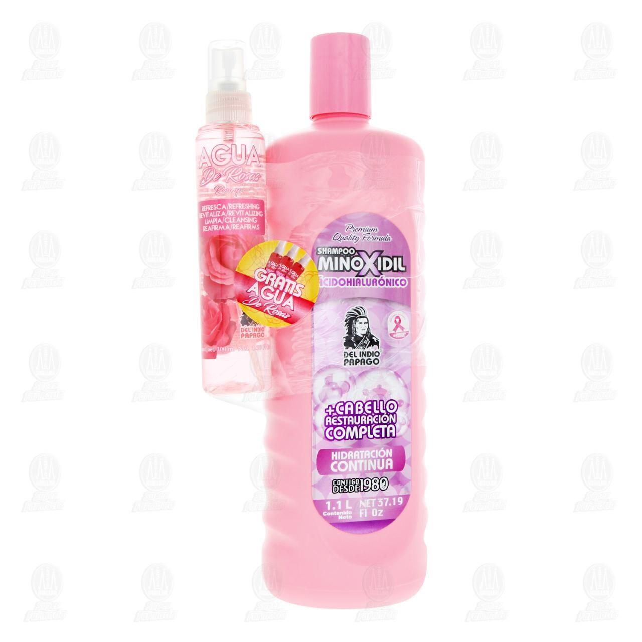 Pack Del Indio Papago Shampoo Minoxidil &Aacute;cido Hialur&oacute;nico 1.1 L + Agua de Rosas 100 ml, 2 pzas. image number 0