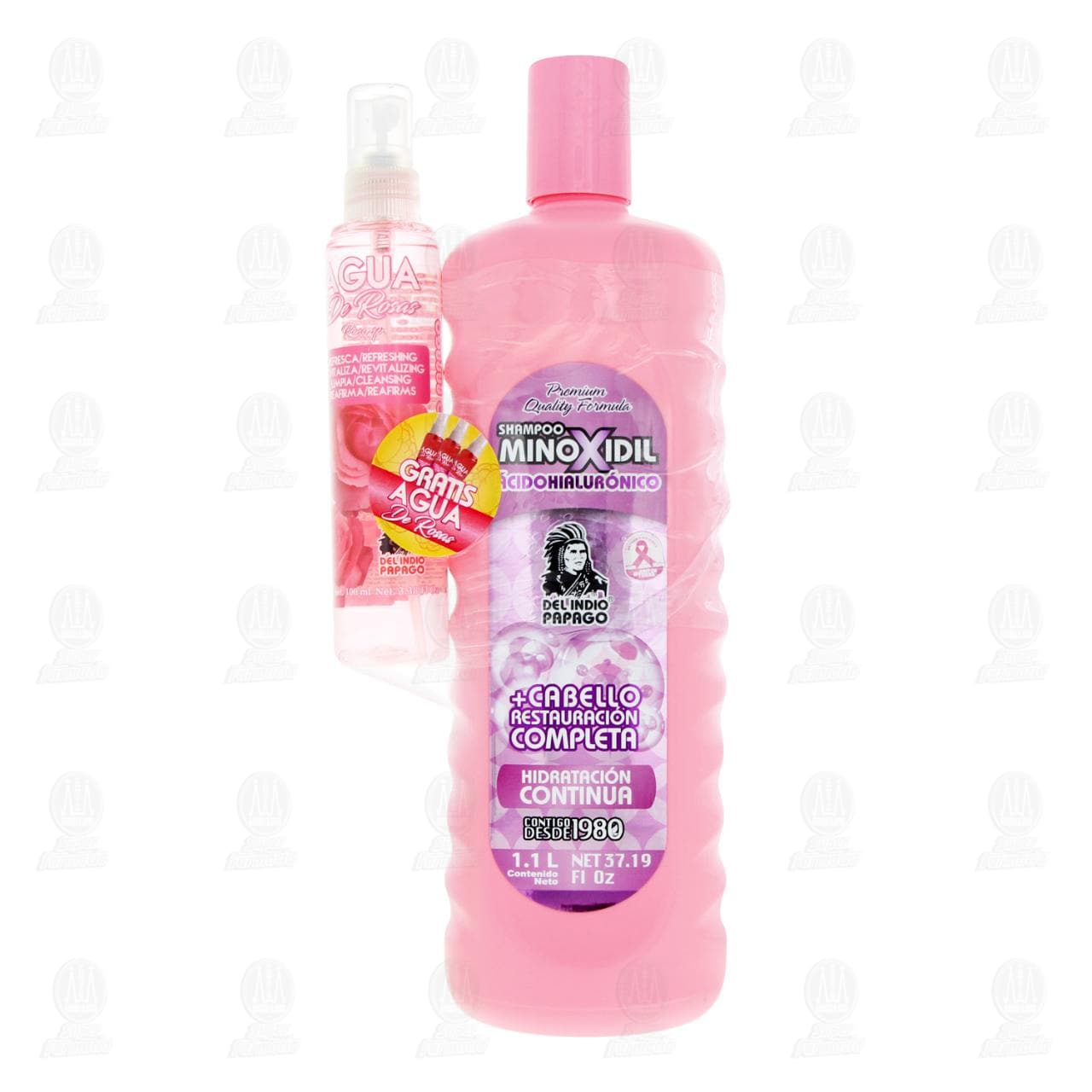Pack Del Indio Papago Shampoo Minoxidil &Aacute;cido Hialur&oacute;nico 1.1 L + Agua de Rosas 100 ml, 2 pzas. image number 1